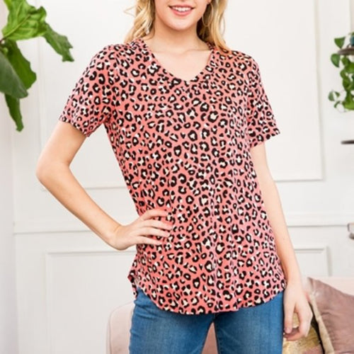 Coral Leopard V Neck Round Hi Lo Hem